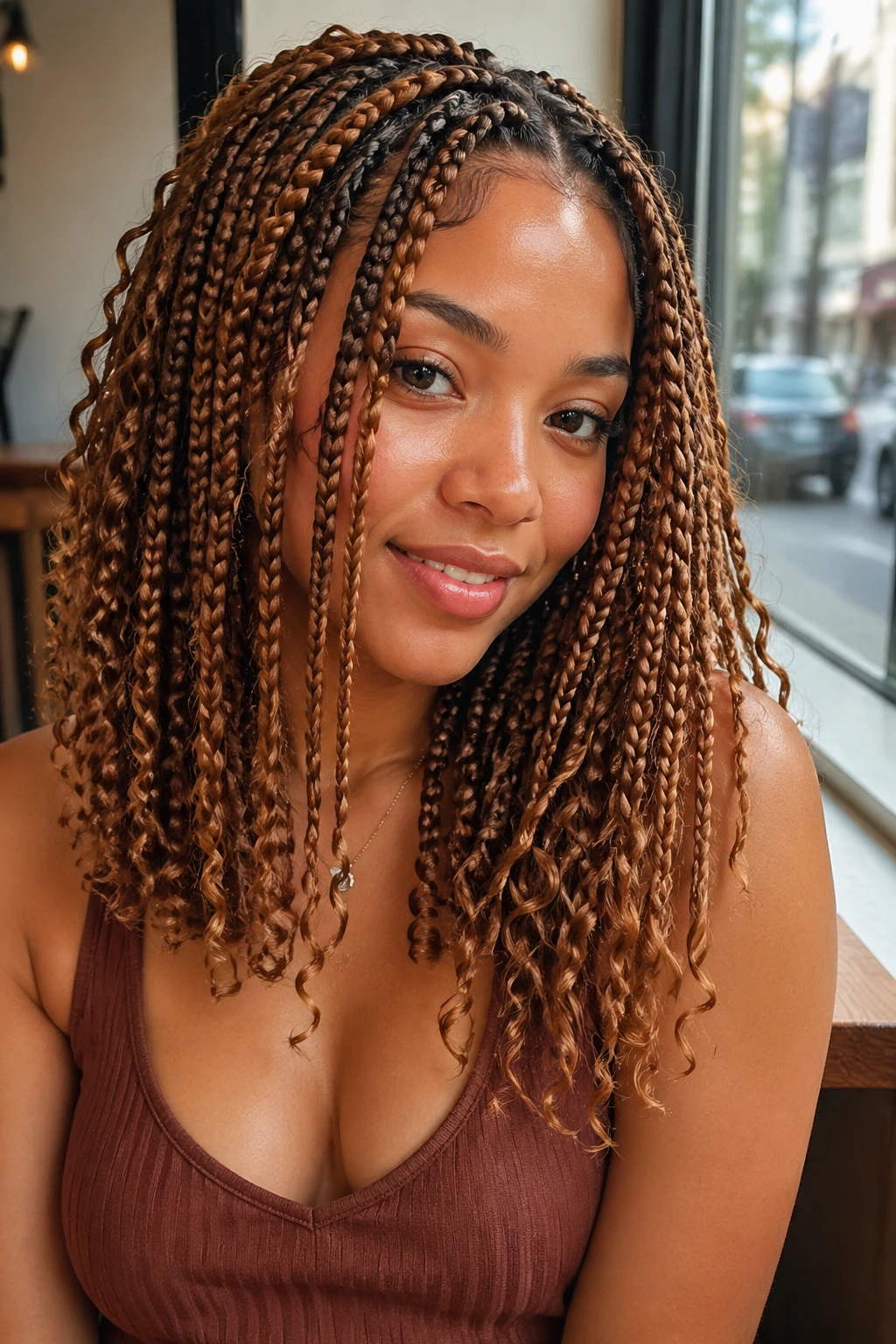 Portrait of honey brown medium boho box braids on a real person