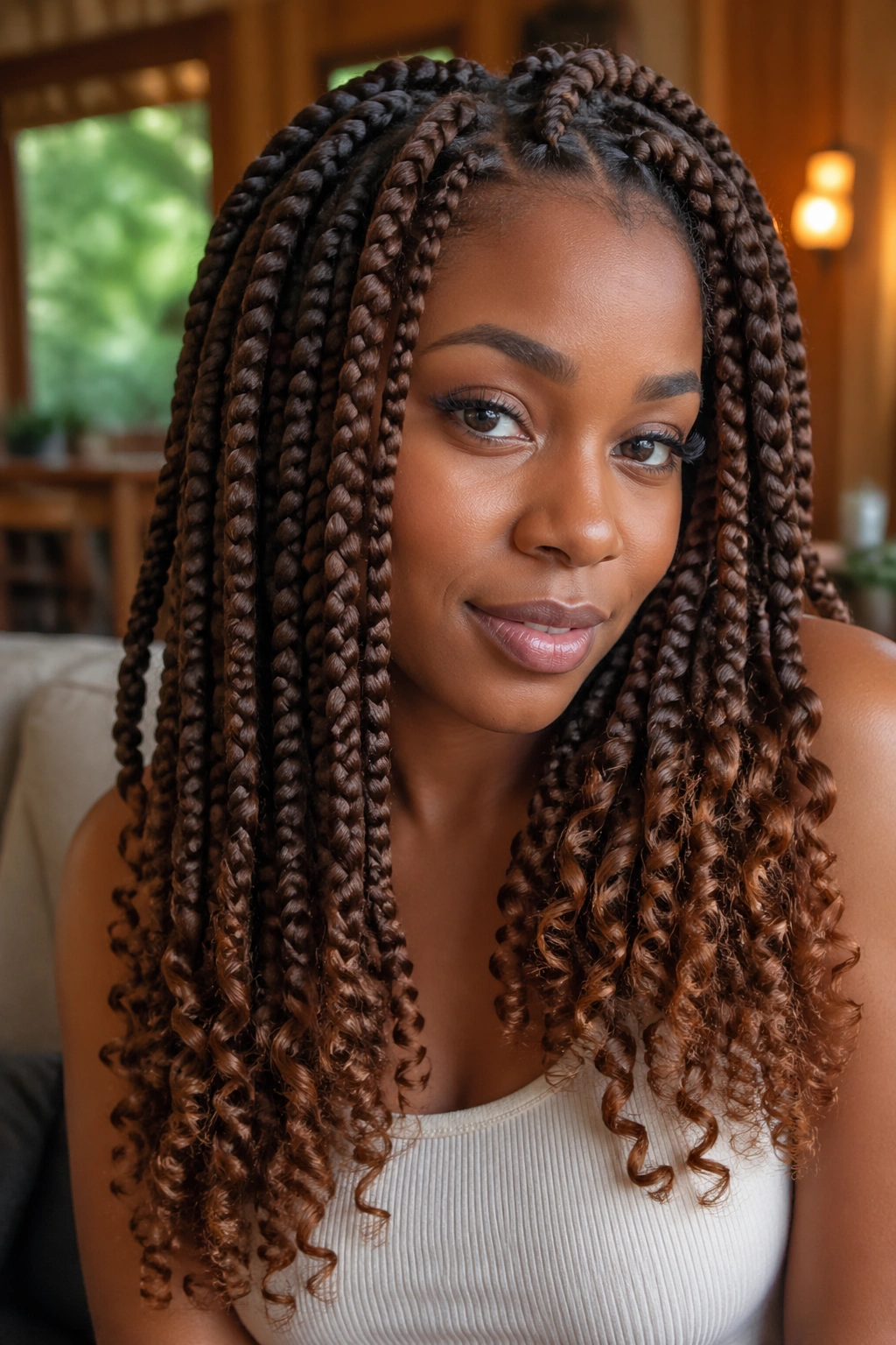 Real woman with honey-brown jumbo goddess braids and curly ends in a warm living room