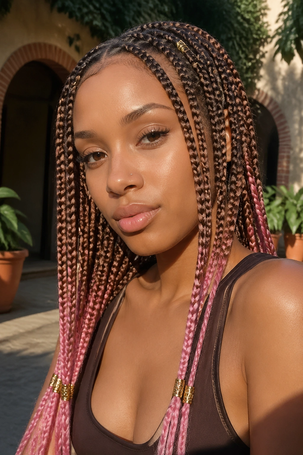 Portrait of a woman with honey brown braids, pink ends, and gold rings