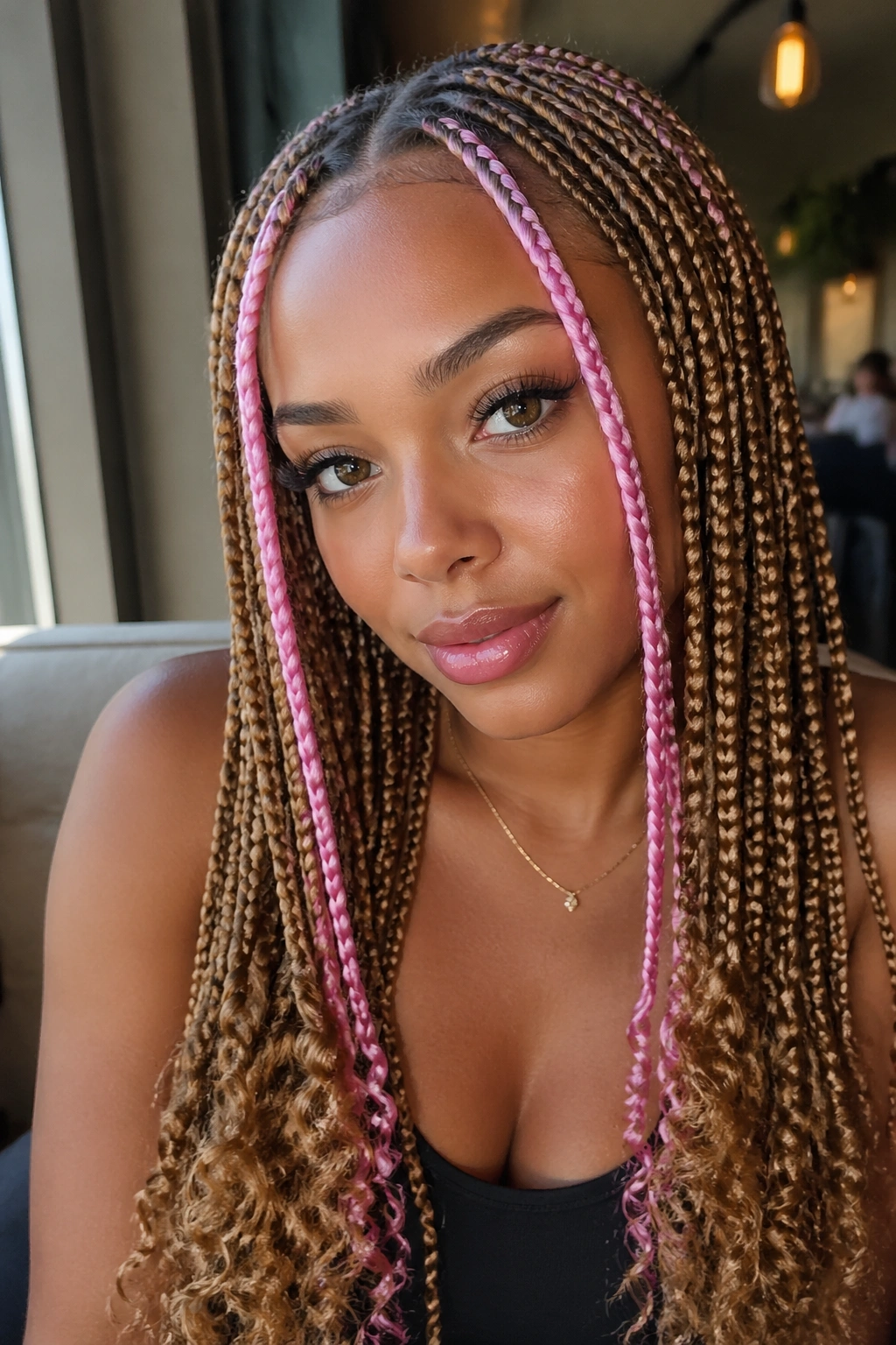 Honey brown braids with pink face-framing pieces on a real person