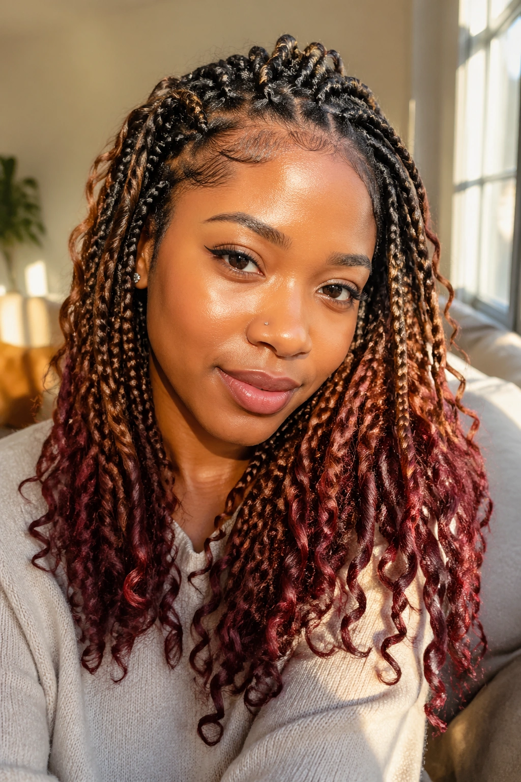 Close-up of honey-brown and burgundy tree braids on a real woman.