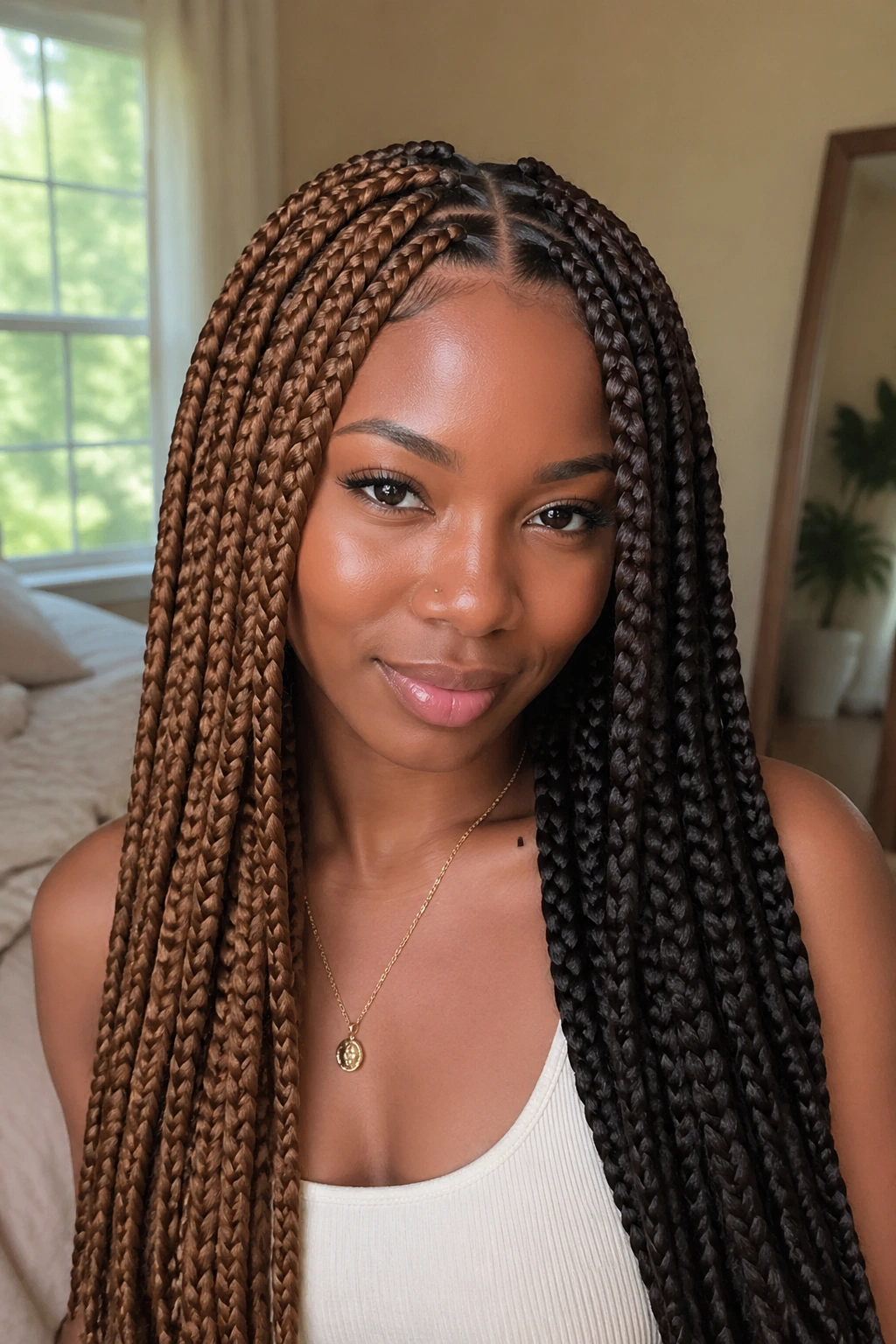 Close-up of honey brown and espresso half-and-half braids on a real person