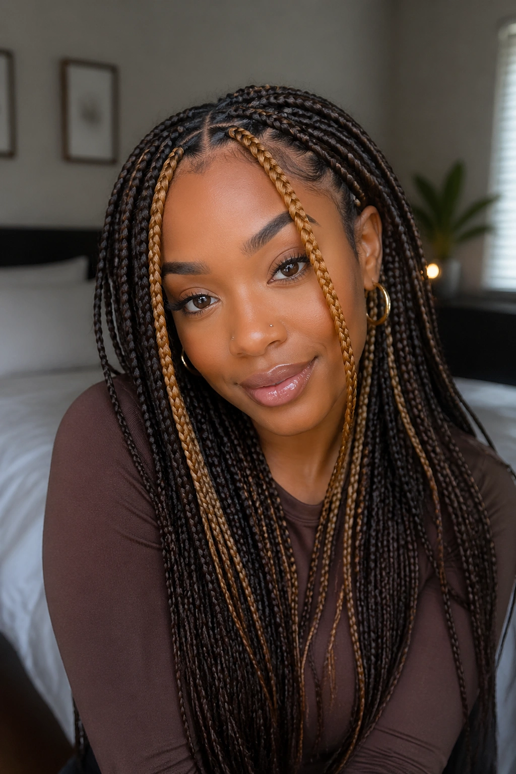 Front portrait with honey brown face-framing streaks in knotless braids