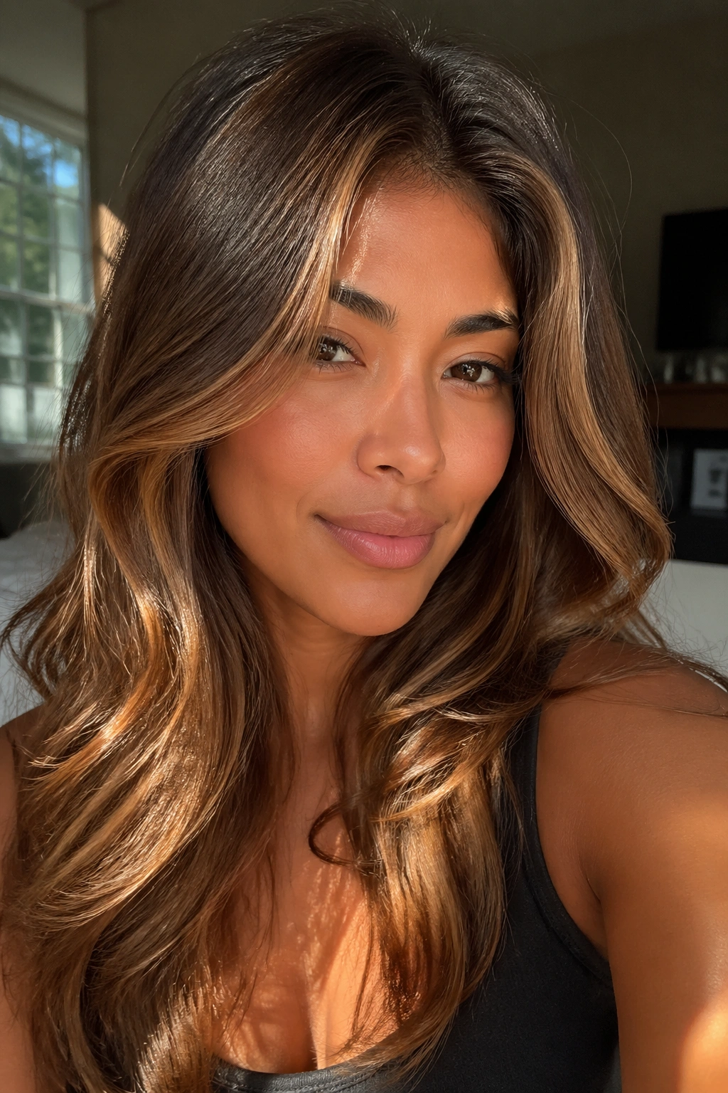 Close-up of a woman with honey brown hair framing her face in golden light
