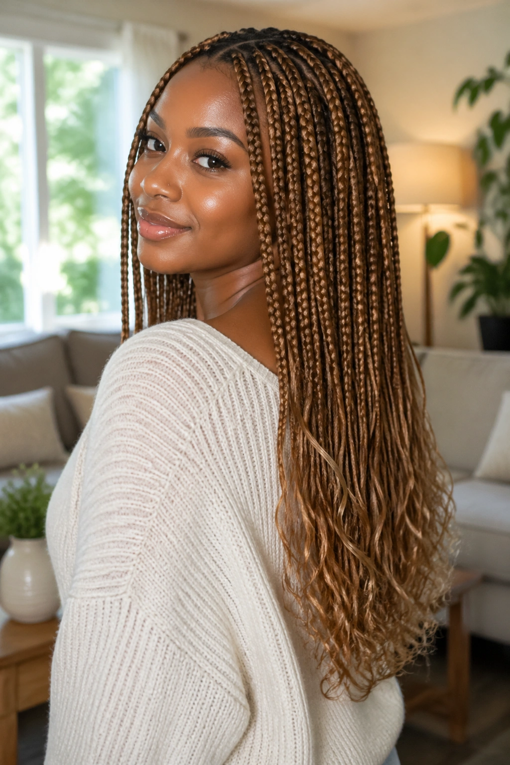 Portrait of real woman with honey brown mid-back knotless braids and soft feathered ends