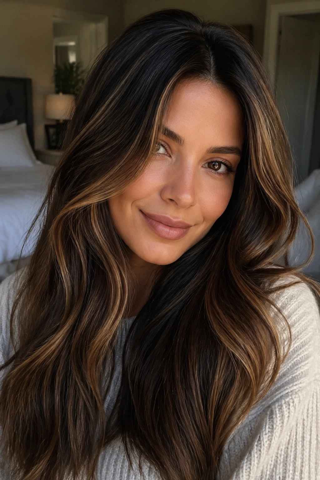 Close-up of honey-brunette hair with fine honey highlights framing the face in warm window light