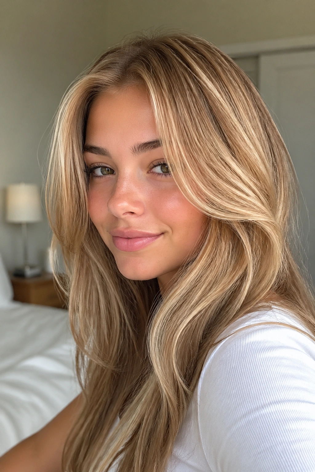 Close-up portrait of a real person with honey butter blonde hair in warm daylight