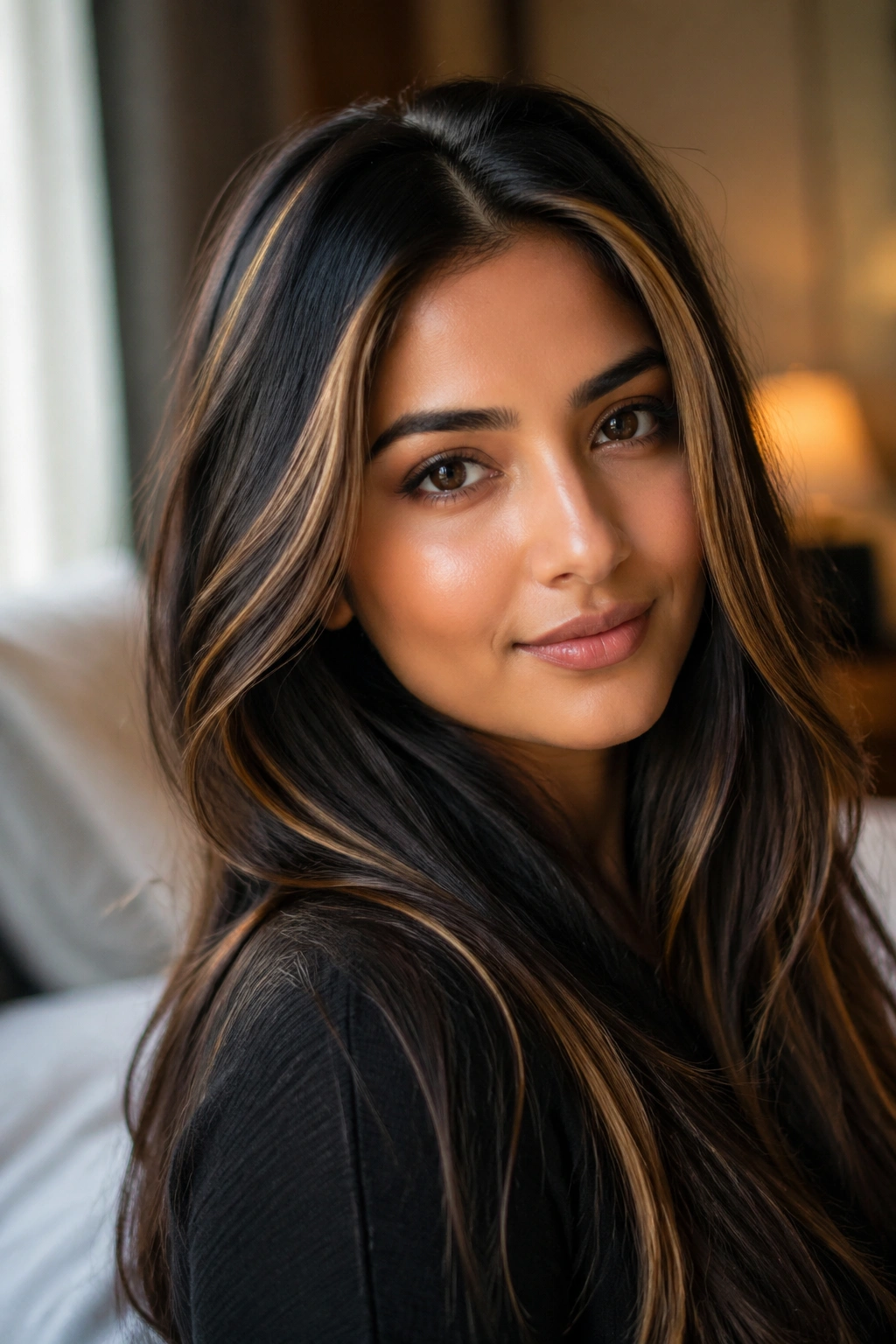 Close-up portrait of a real person with black hair and honey highlights at the front