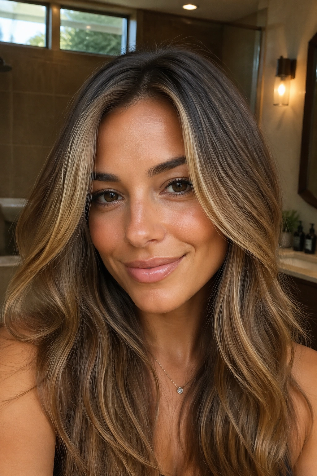 Close-up of honey latte brown hair with face-framing highlights on a real person