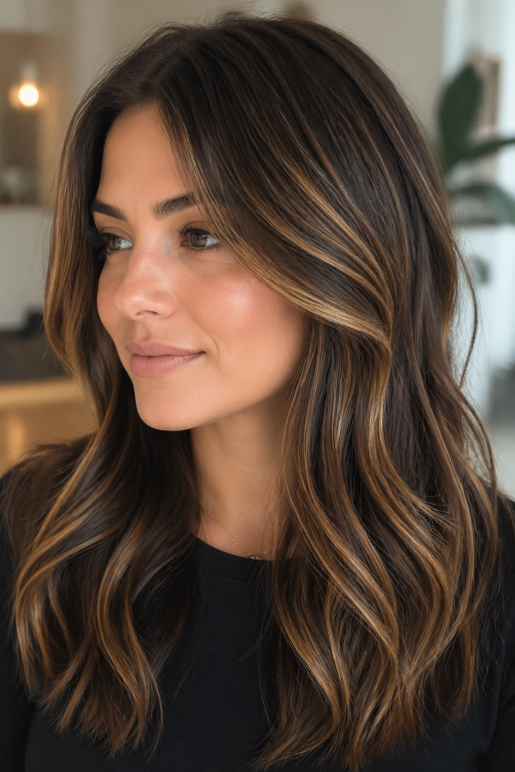 Close-up of dark brown hair with honey lights near face on real person