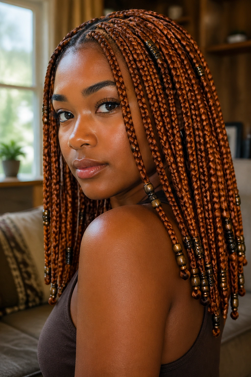 Close-up portrait of a real woman with honey-orange box braids and bronze beads, warm indoor setting
