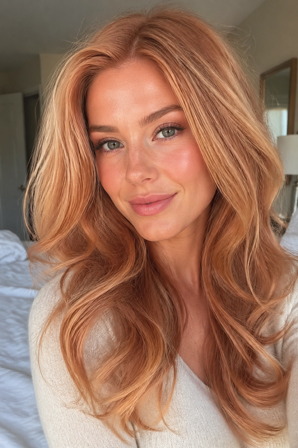 Close-up of a real woman with honeyed strawberry blonde hair in warm window light