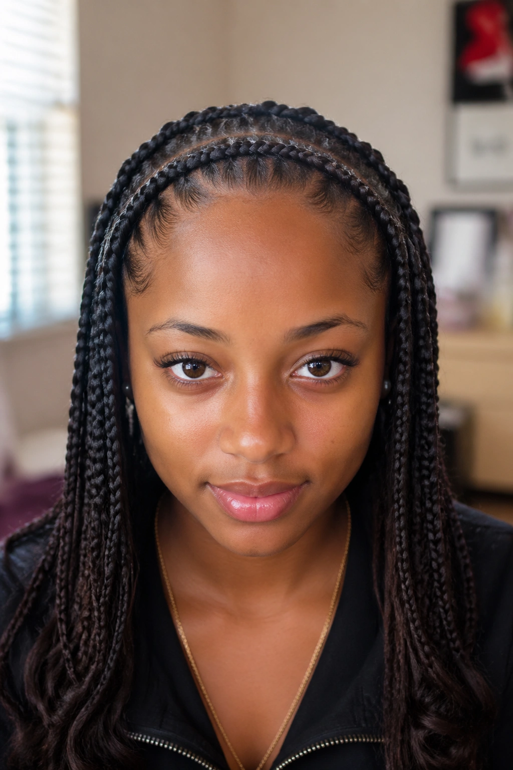Front portrait of a real woman with a horseshoe braid along the hairline