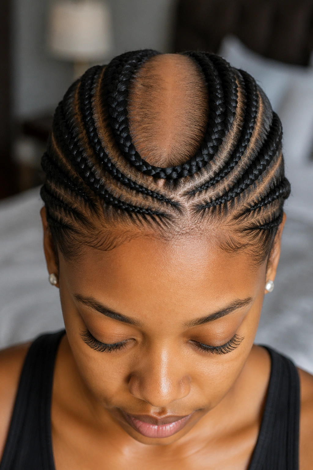 Close-up of a real person with a horseshoe braid around the crown