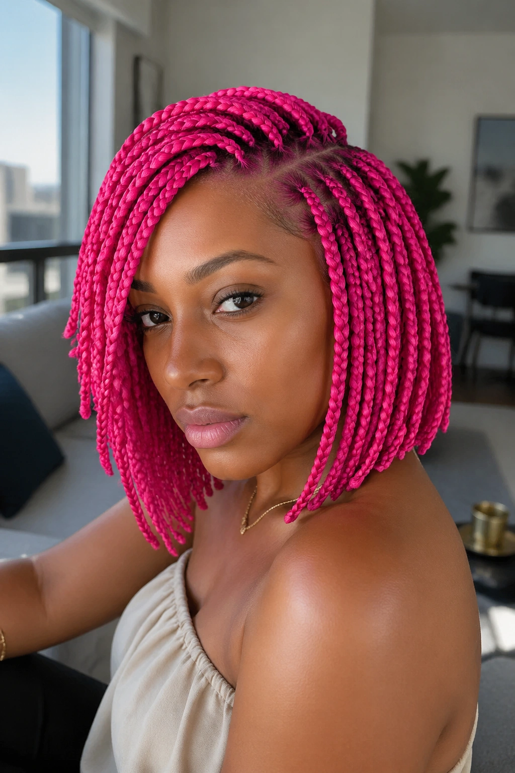 Close-up of real woman with hot pink side-part bob and box braids in a living room window light