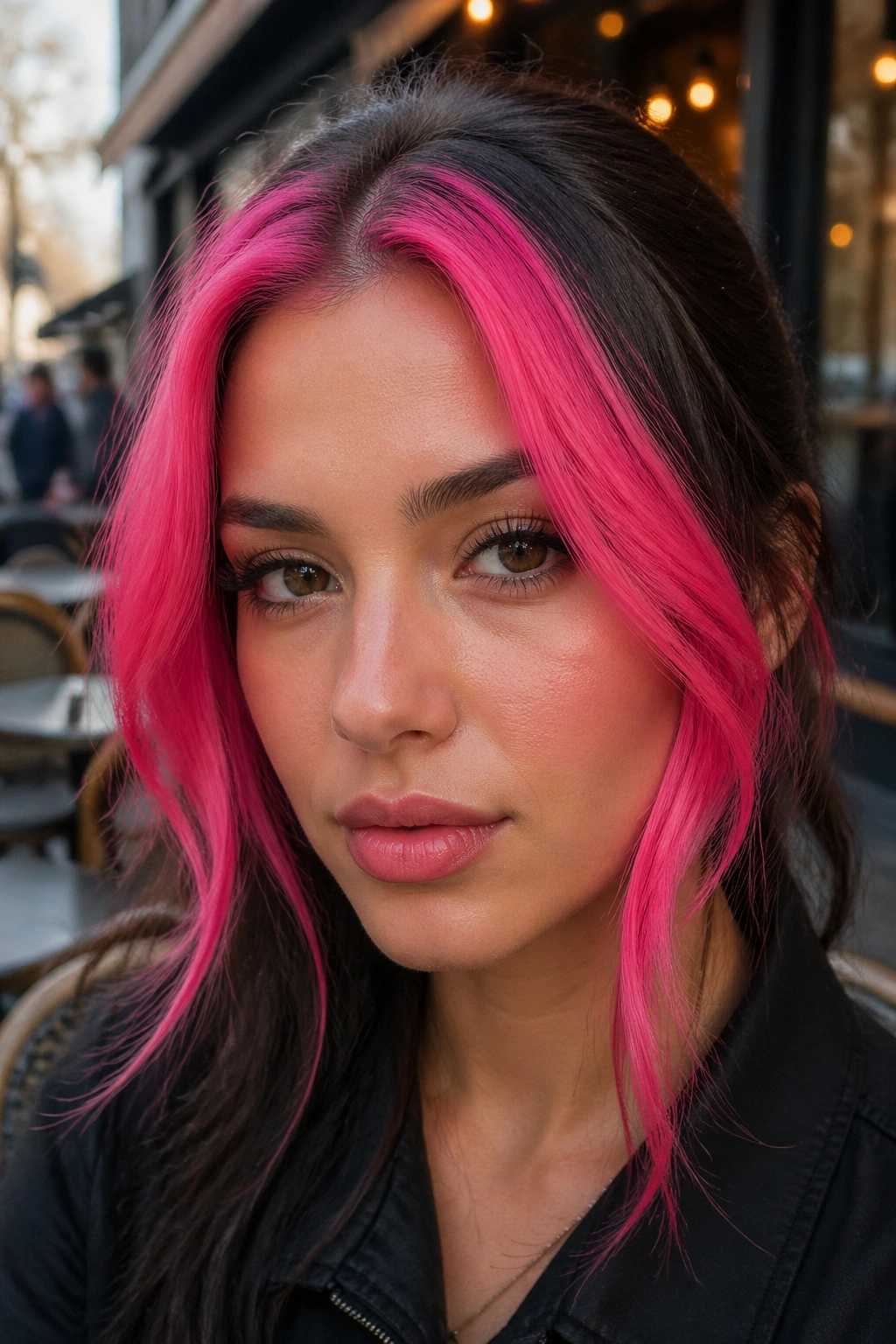 Real woman with a hot pink money piece front hair framing her face.