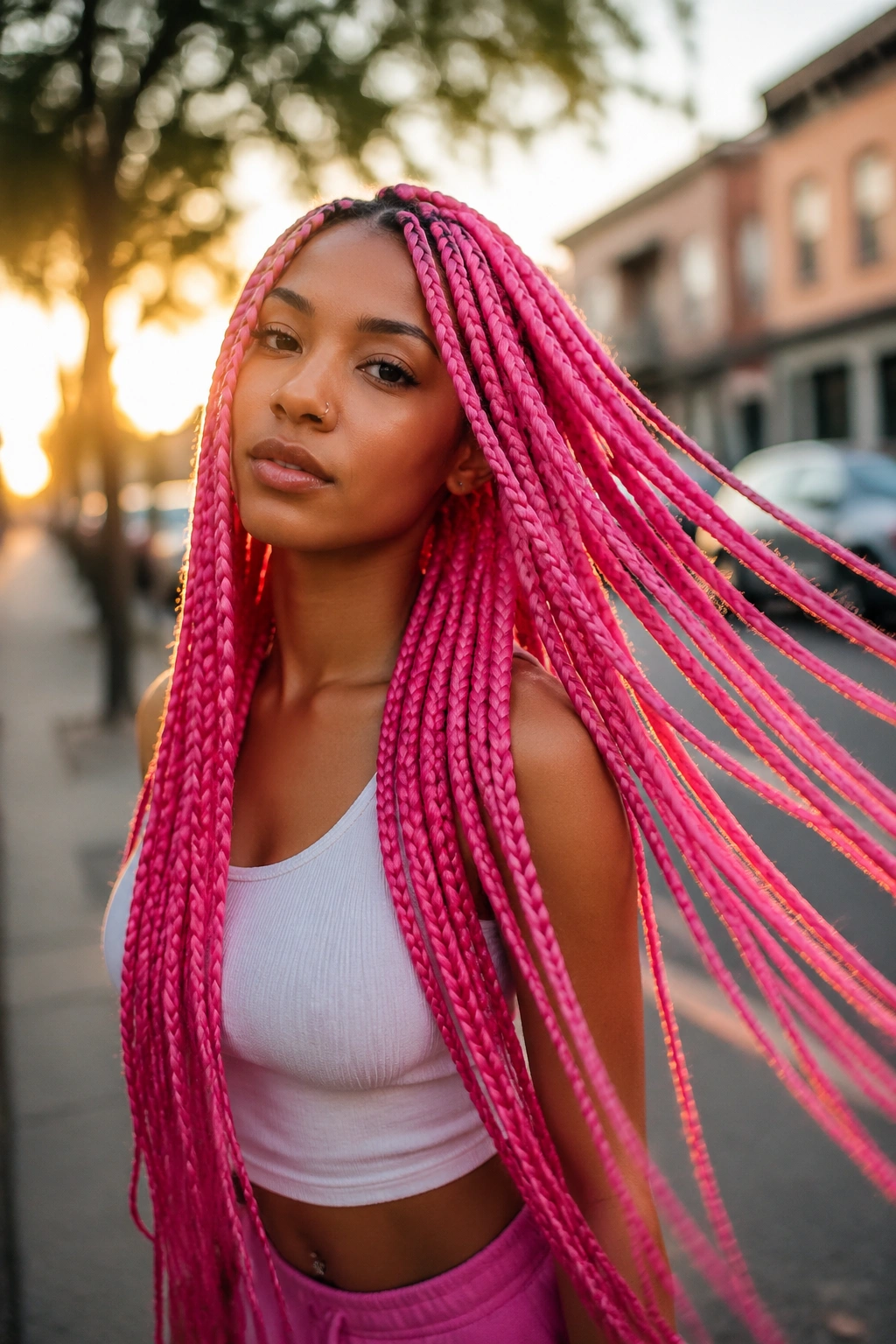 Real woman with waist-length hot pink jumbo box braids in a portrait