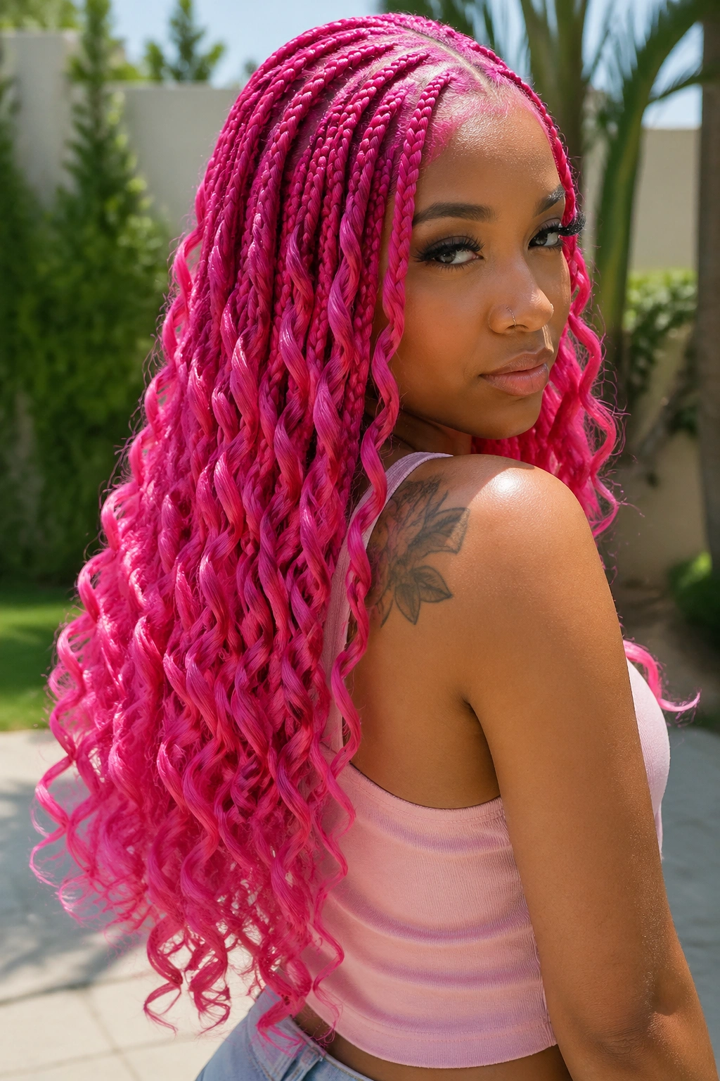 Close-up portrait of a real woman with hot pink knotless braids and wand curls