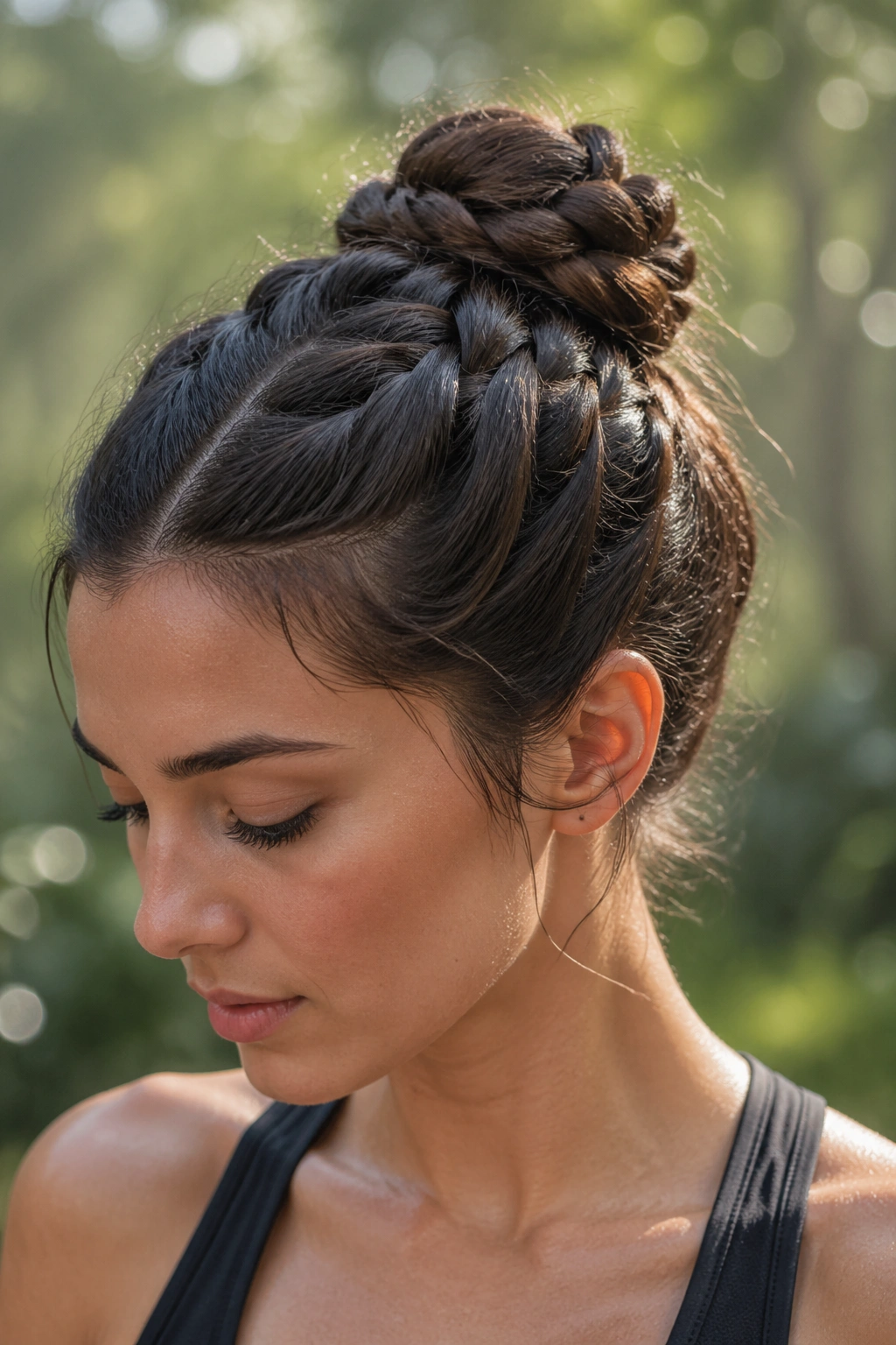 Close-up of a real woman with a humidity-proof braided French bun outdoors