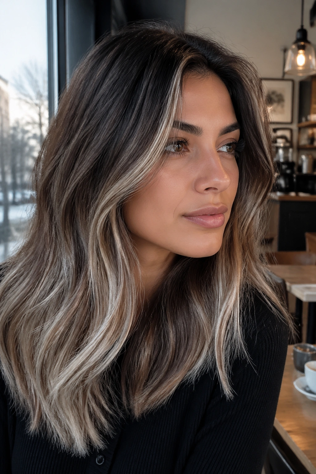 Close-up of a real woman with Iced Brunette cool ash highlights.