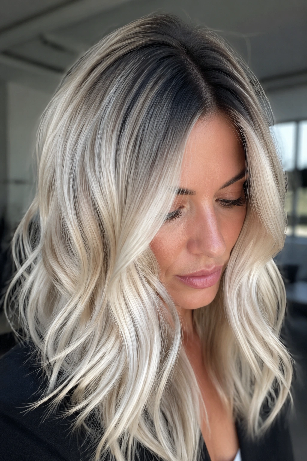 Portrait of a real woman with icy blonde and smoky root melt under cool window light