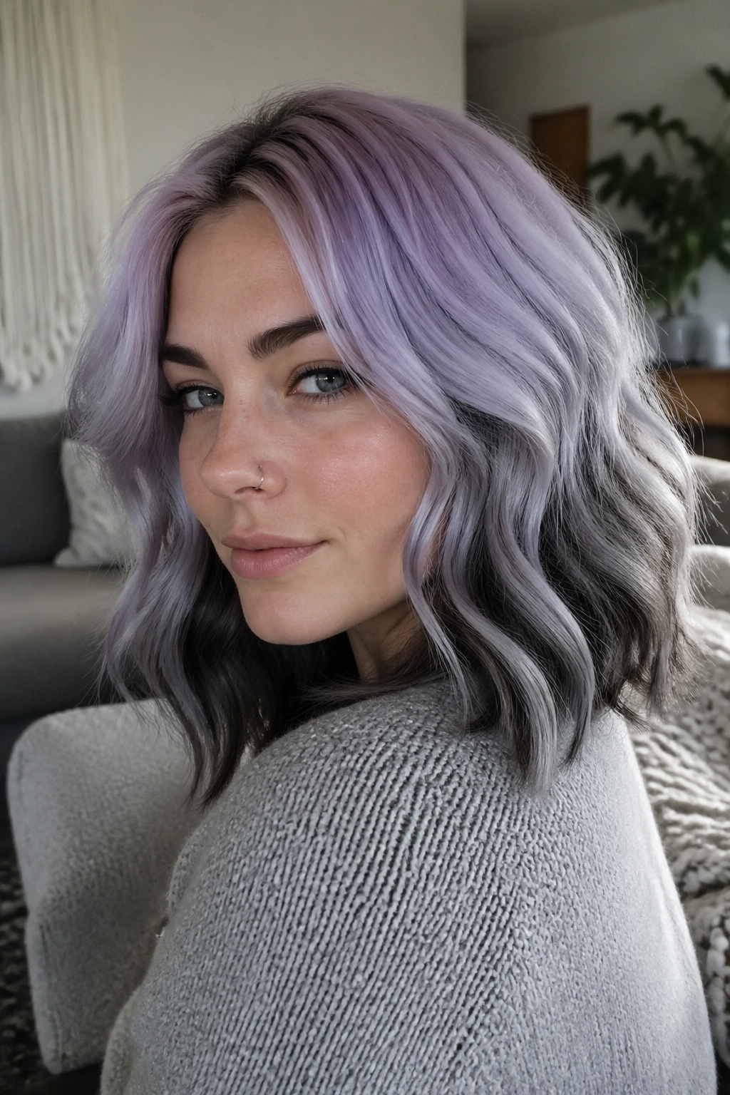 Close-up of lilac and charcoal waves on shoulder-length hair