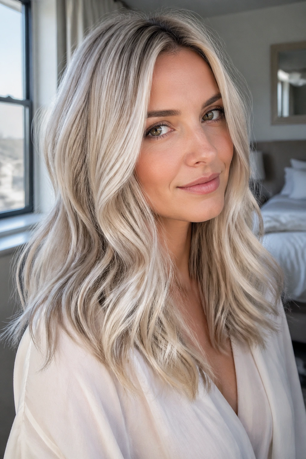 Close-up portrait of a real woman with icy pearl blonde balayage in natural window light