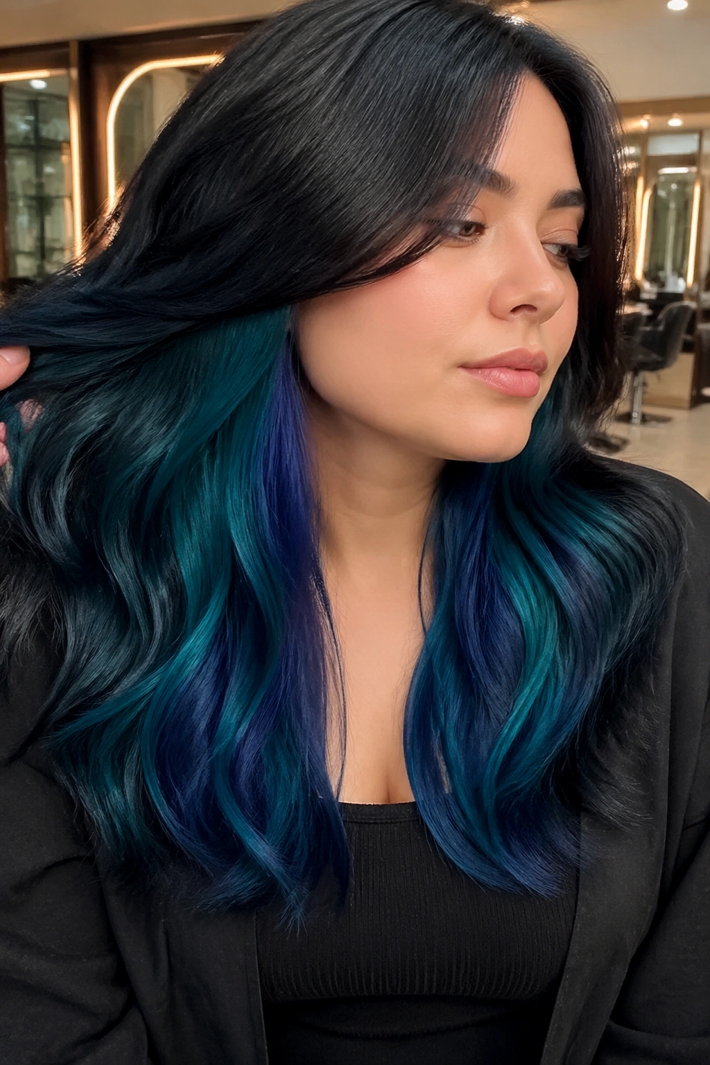 Indigo underlayer teal flash visible under dark hair on a real person