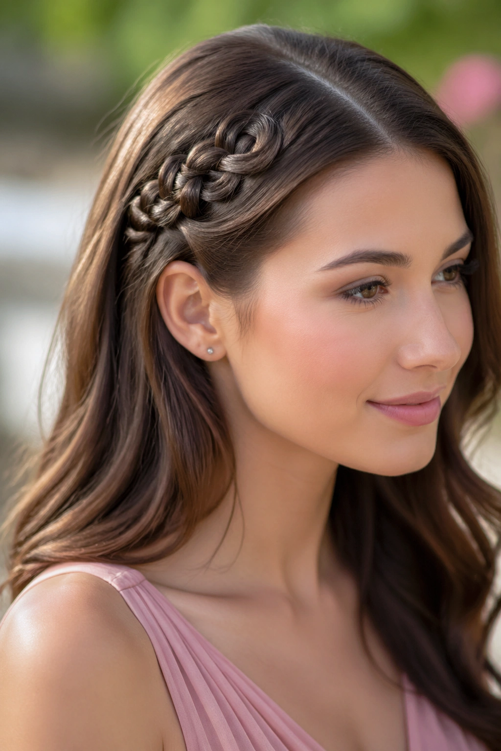 Portrait of a woman with an infinity braid accent on the side.
