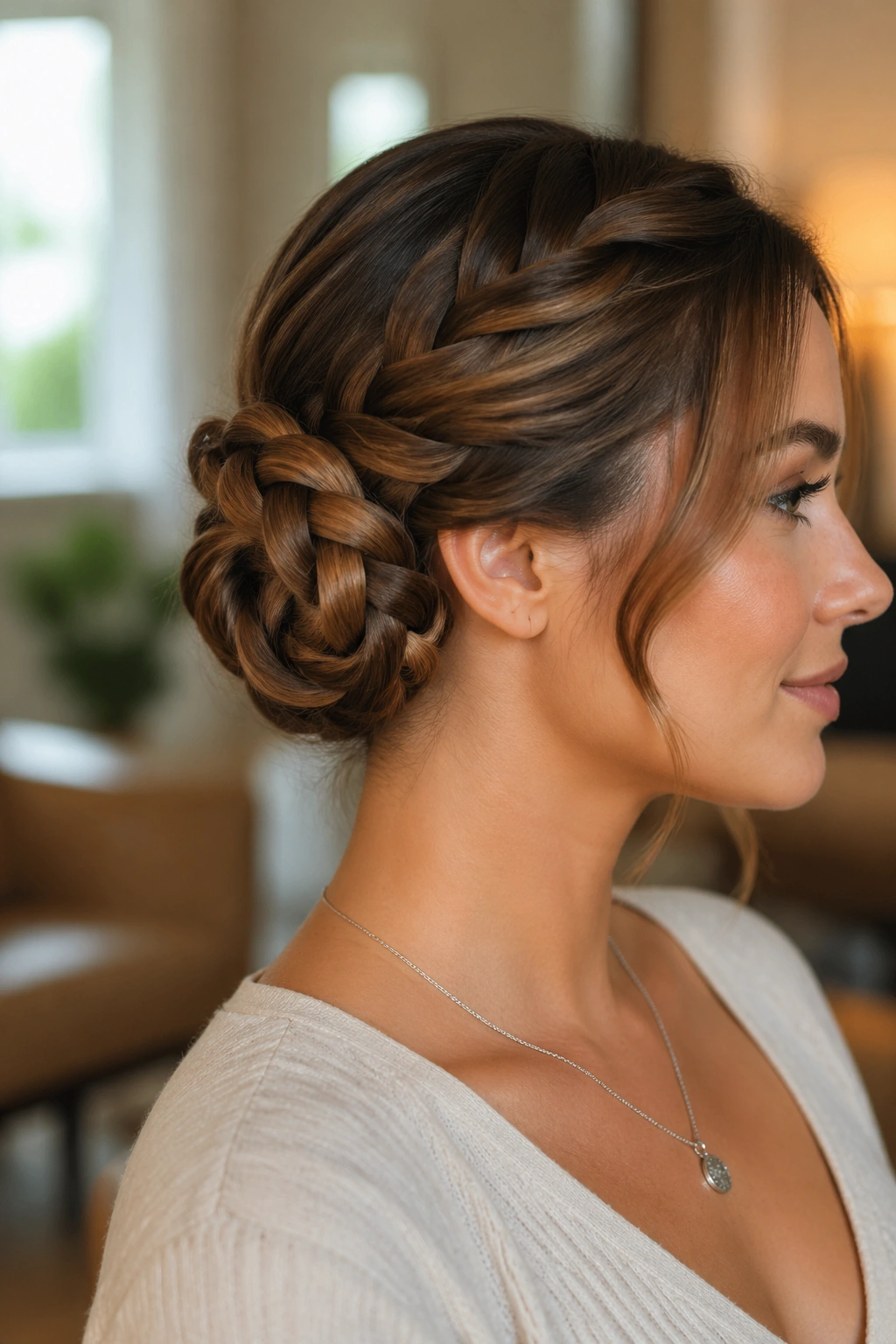 Close-up of a real woman showcasing an infinity braid bun under warm window light.
