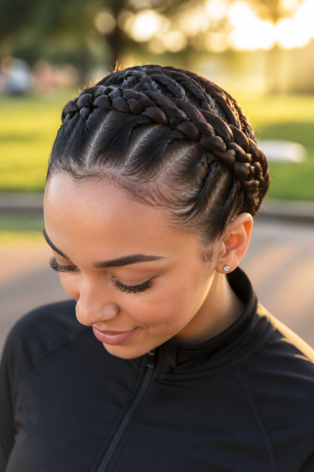 Close-up of a real person with an infinity braid pattern around the head