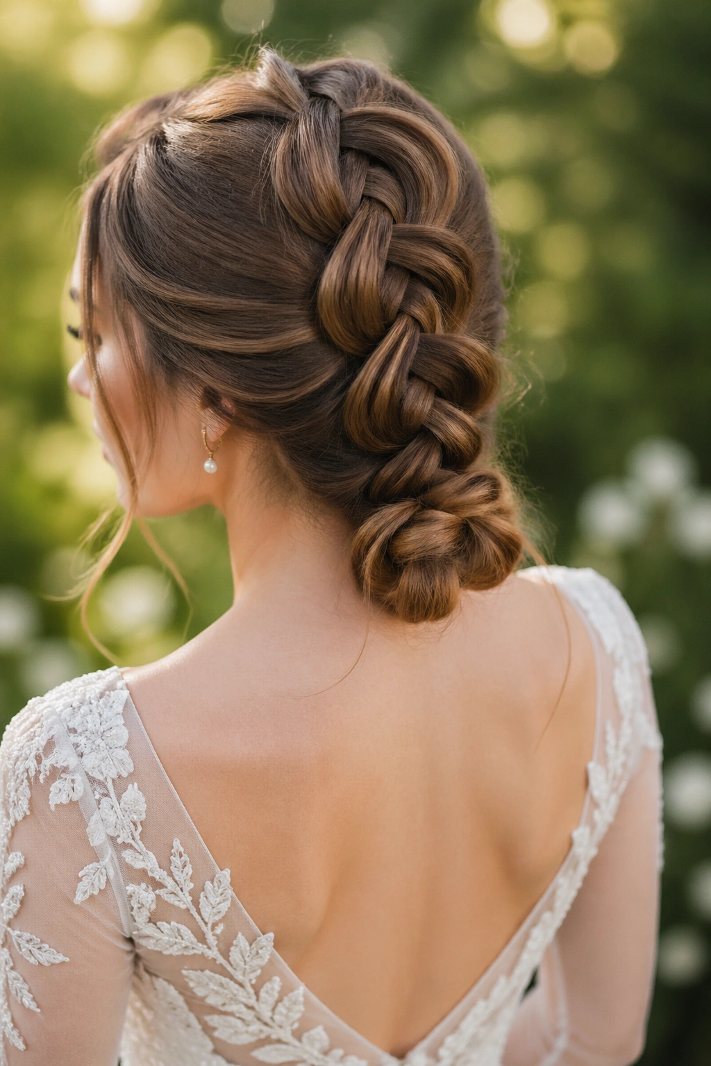 Close-up of bride with infinity braid tied into a low knot