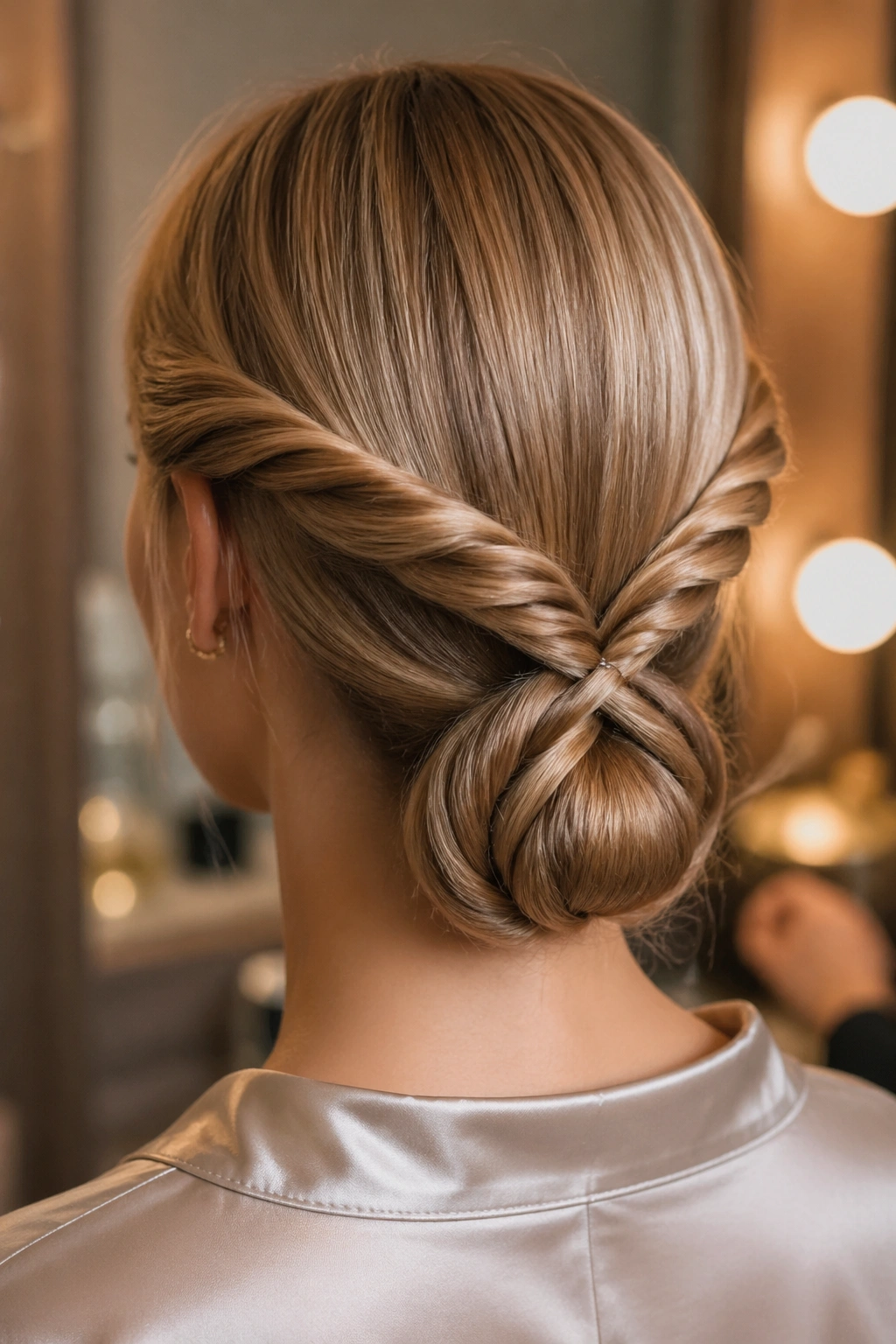 Close-up of a real person with infinity-shaped rope braid forming a wrapped bun at the back.