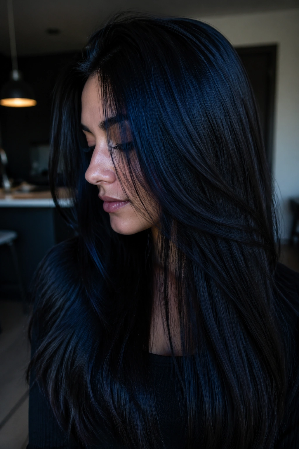Close-up of a real woman with ink-black hair showing a blue sheen under side light.
