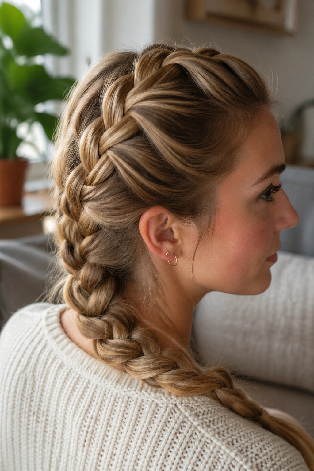 Close-up of Inside-Out French Braid with lift on a real person in a living room.