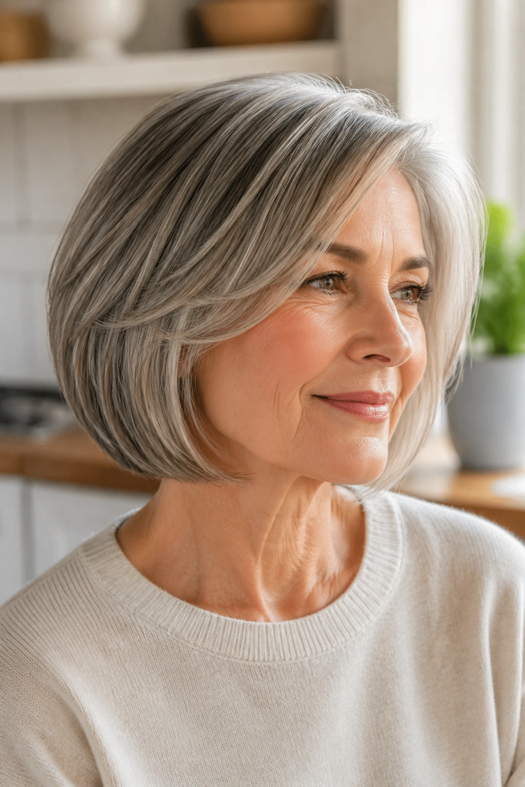 Older woman with internal-layer bob showing movement in hair