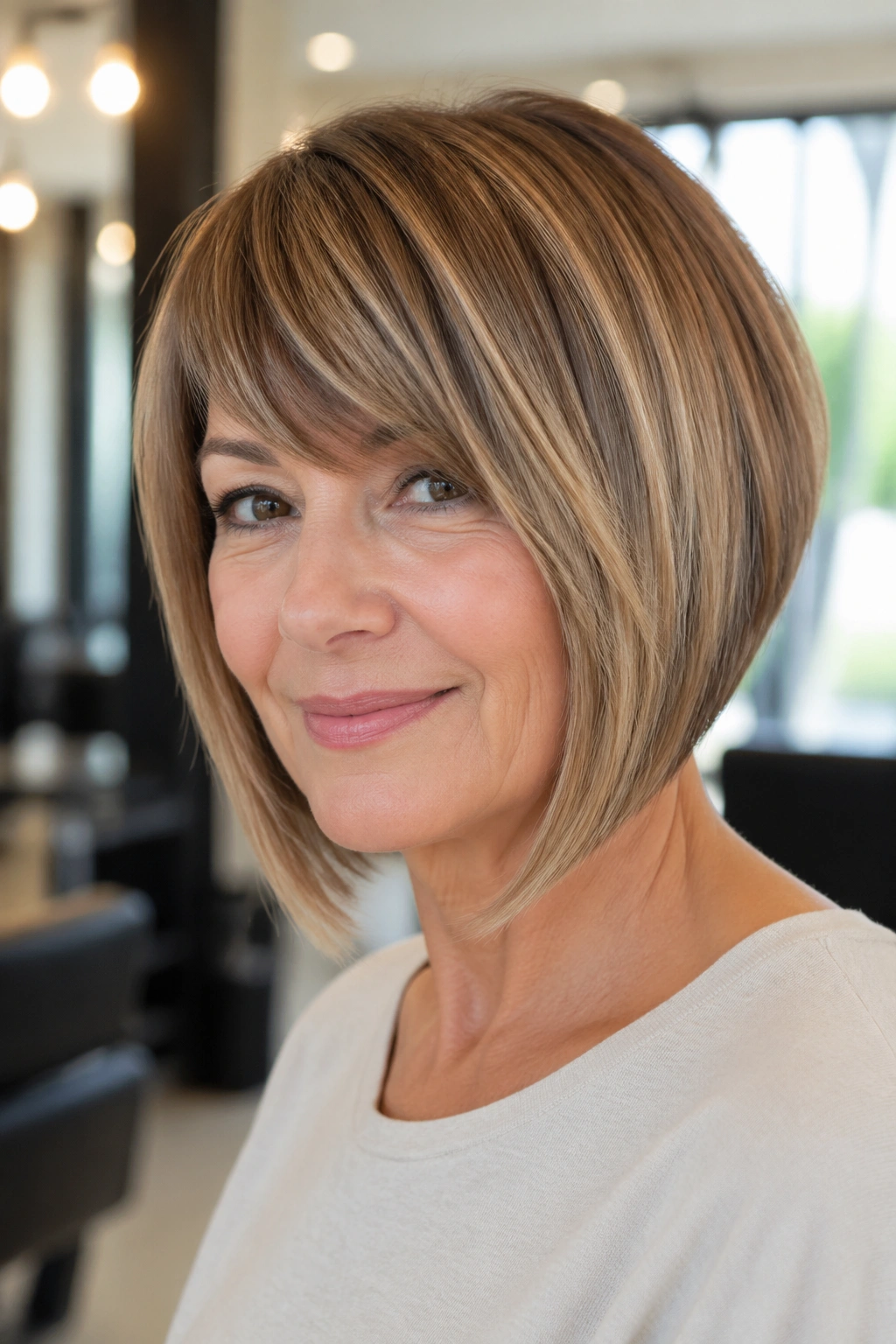 Close-up portrait of a real woman with an inverted bob and side bangs in bright salon light