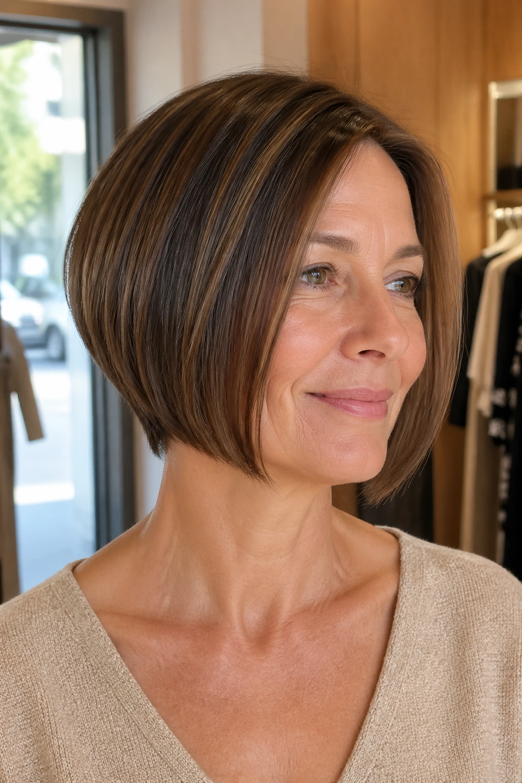 Close-up portrait of a real woman with an inverted bob and clean neckline.