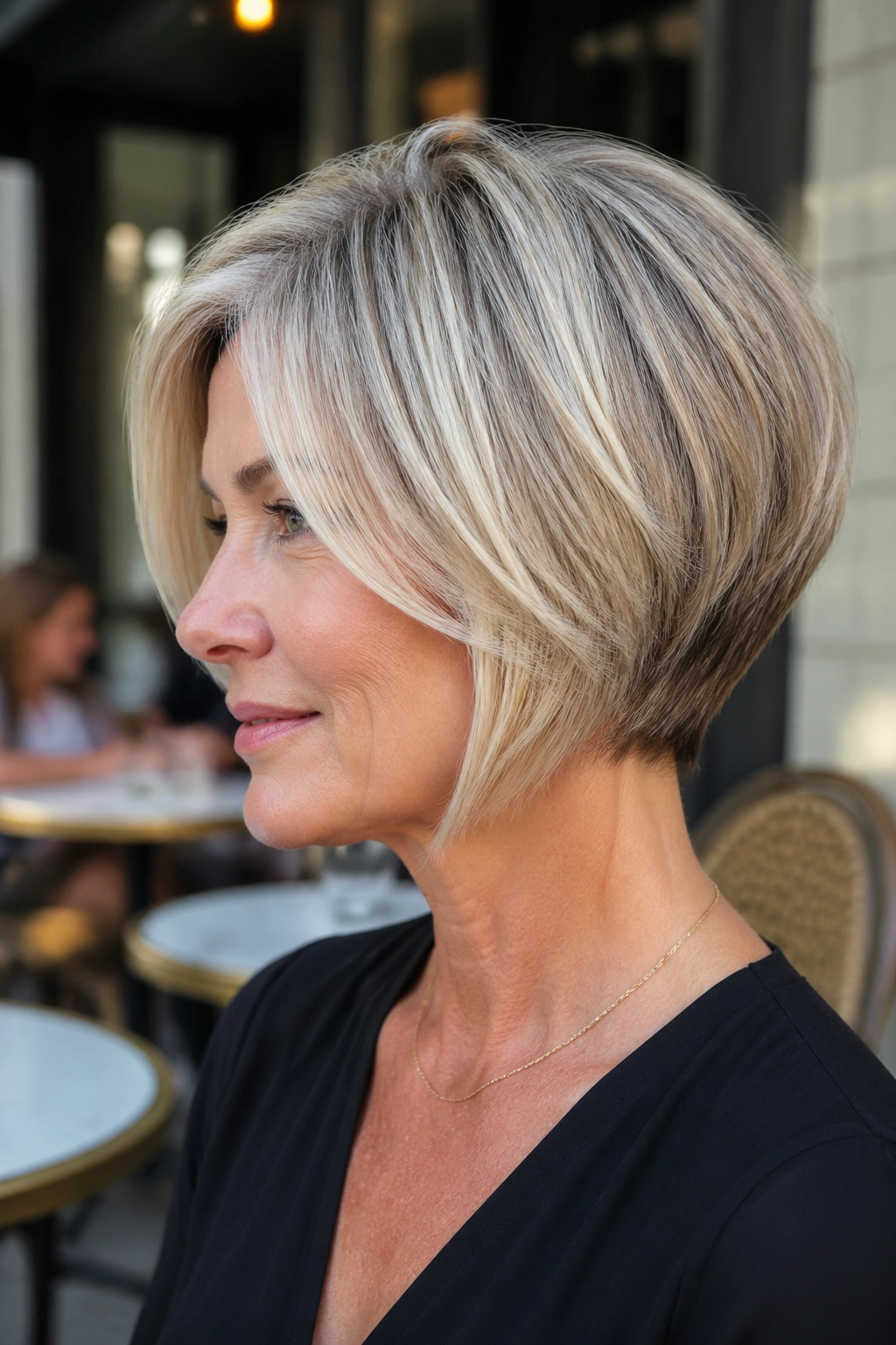 Close-up of a real woman wearing an inverted bob hairstyle.