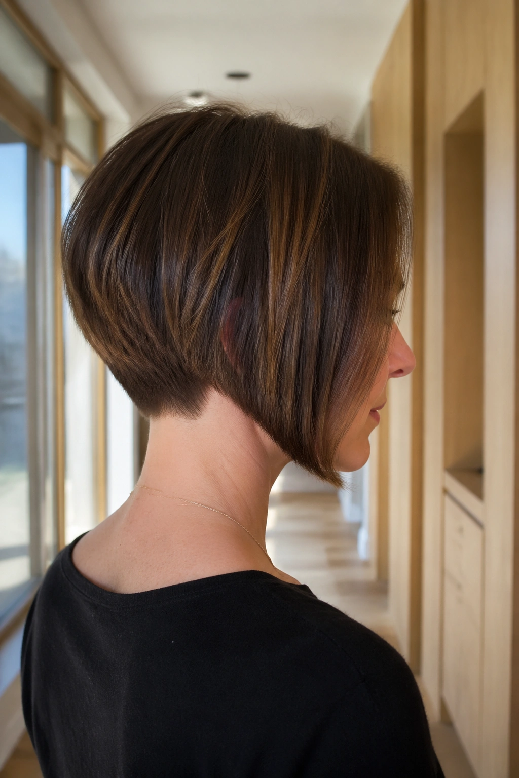 Three-quarter view of a real woman with an inverted bob and clean nape