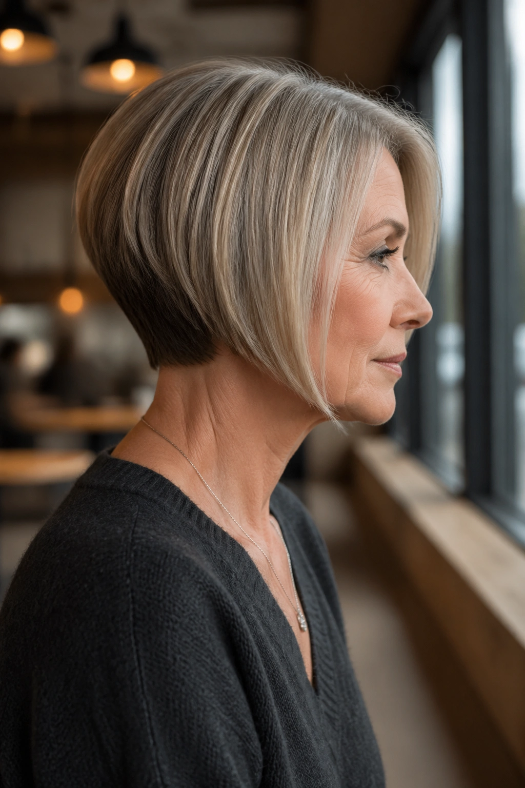 Real woman in side profile with inverted bob hairstyle
