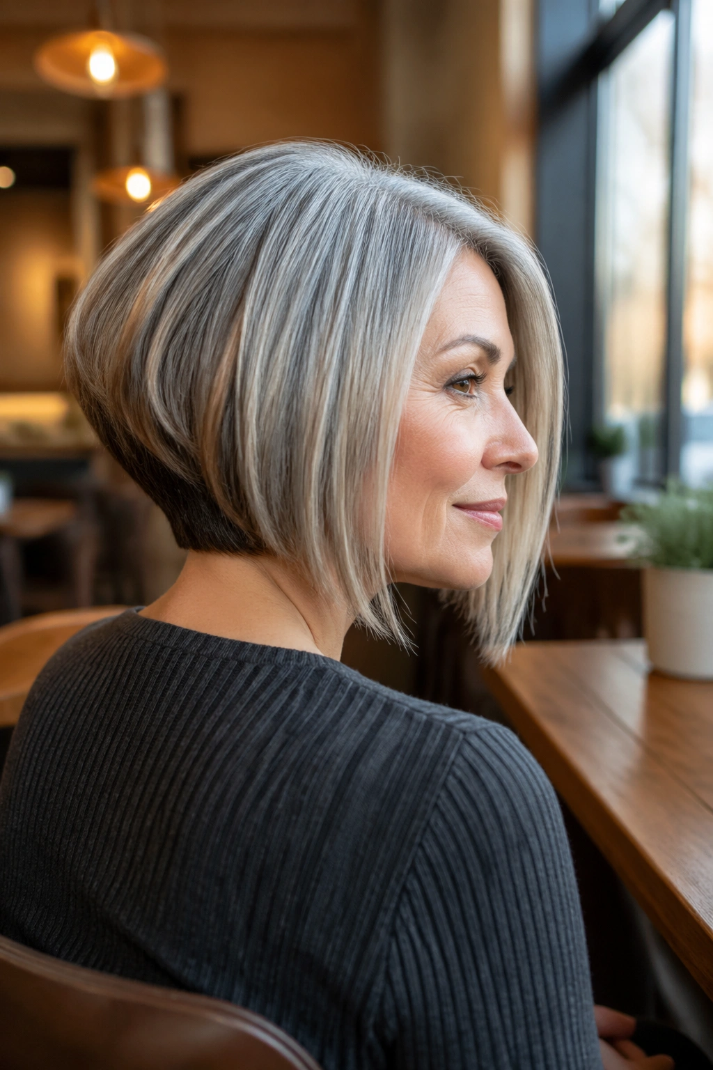 Real woman with inverted bob and walnut lowlights at the nape in a warm cafe setting.
