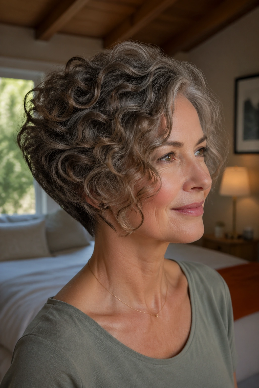 Close-up portrait of a real woman with an inverted curly bob and lifted crown in natural window light