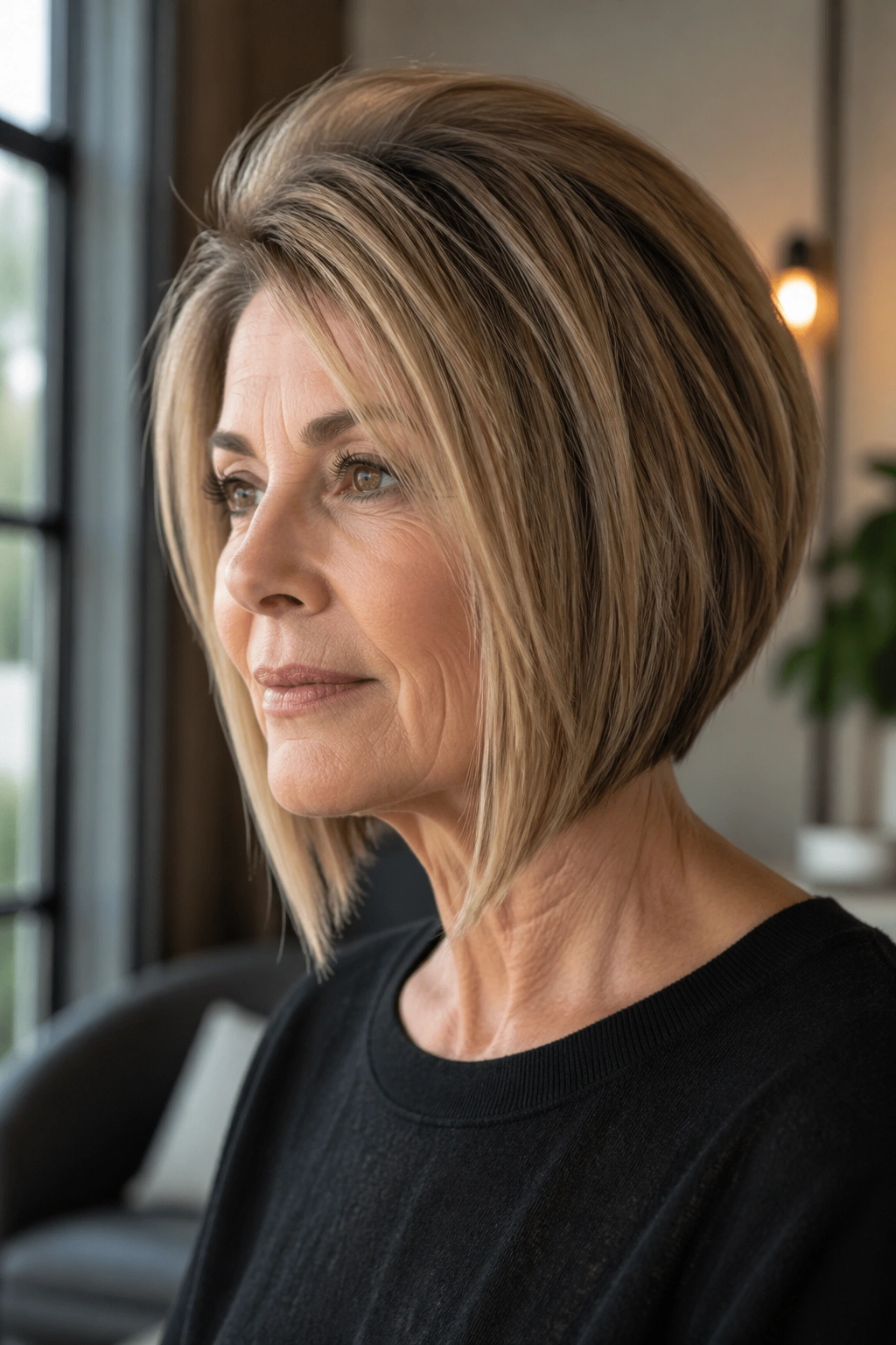 Close-up of real woman with inverted lob and crown lift in natural light