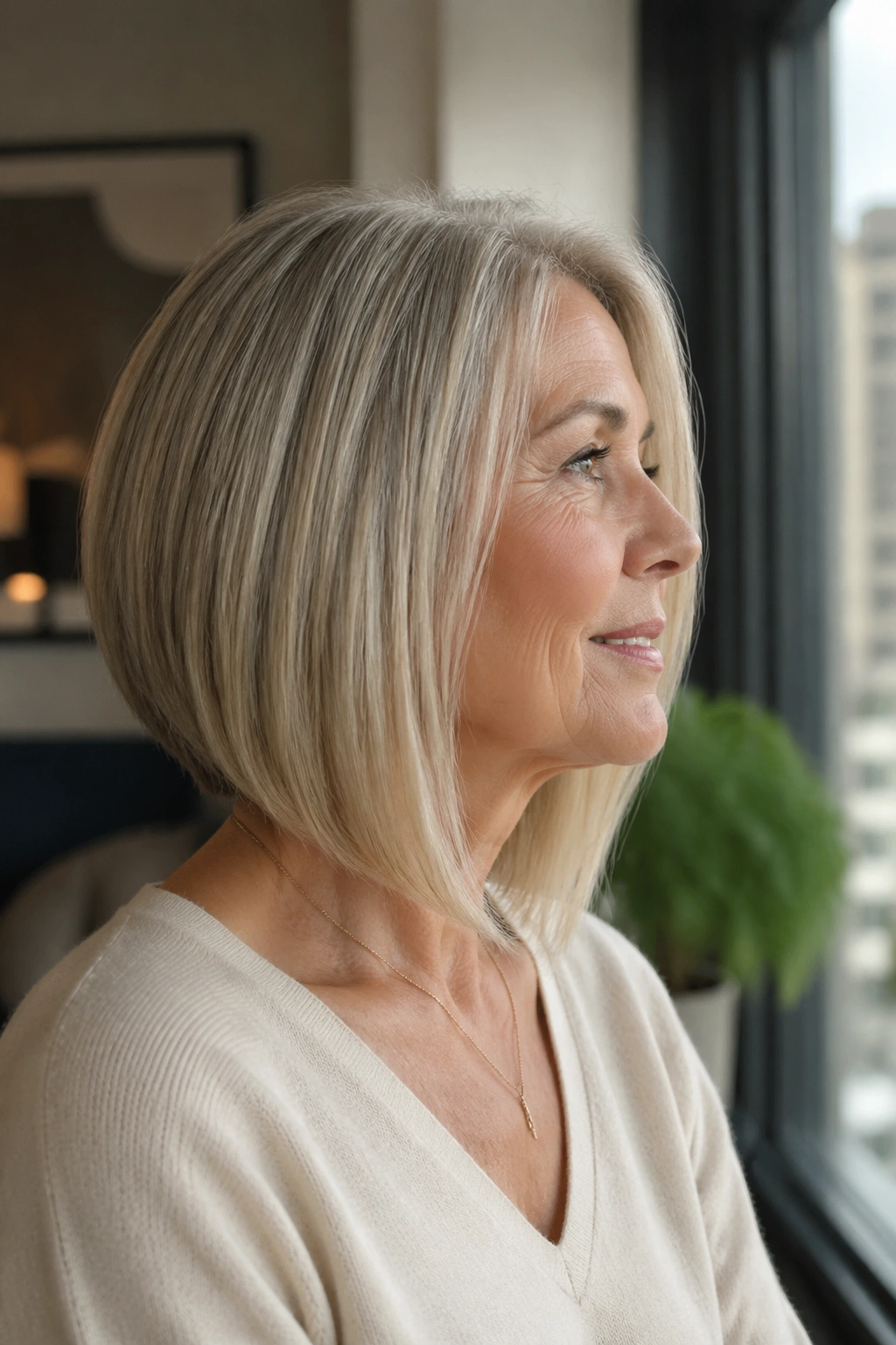 Close-up of a real woman with a smooth inverted lob hairstyle
