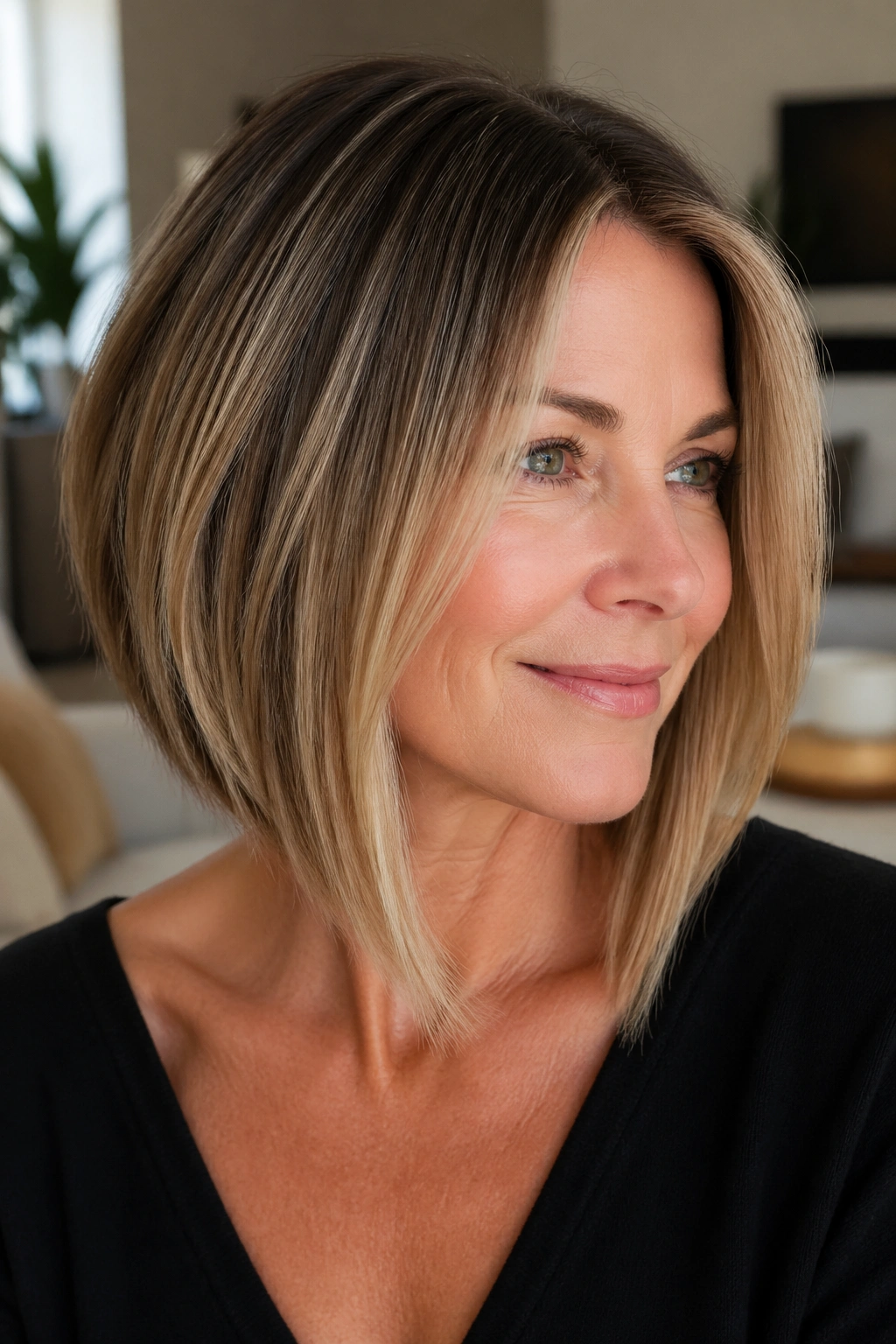 Close-up of a real woman with an inverted lob and rooted blonde balayage.