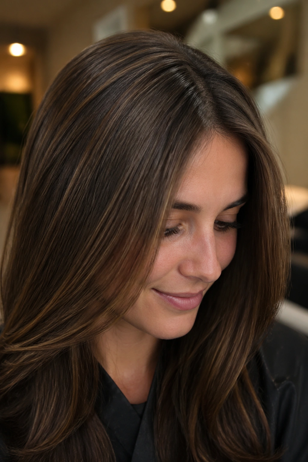 Close-up of real woman with invisible babylights across the crown on brown hair