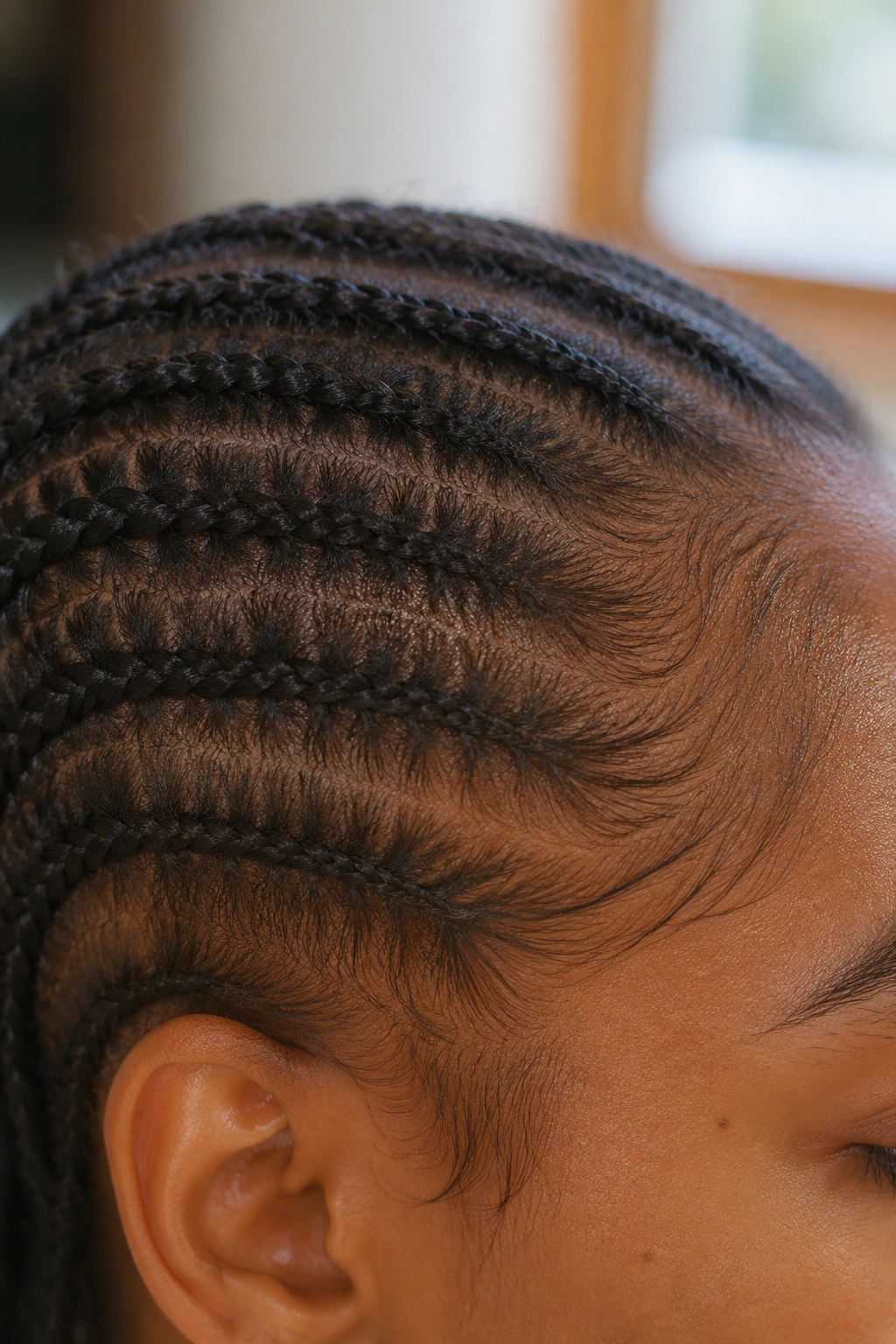 Close-up scalp showing near-invisible braids blending into the scalp.