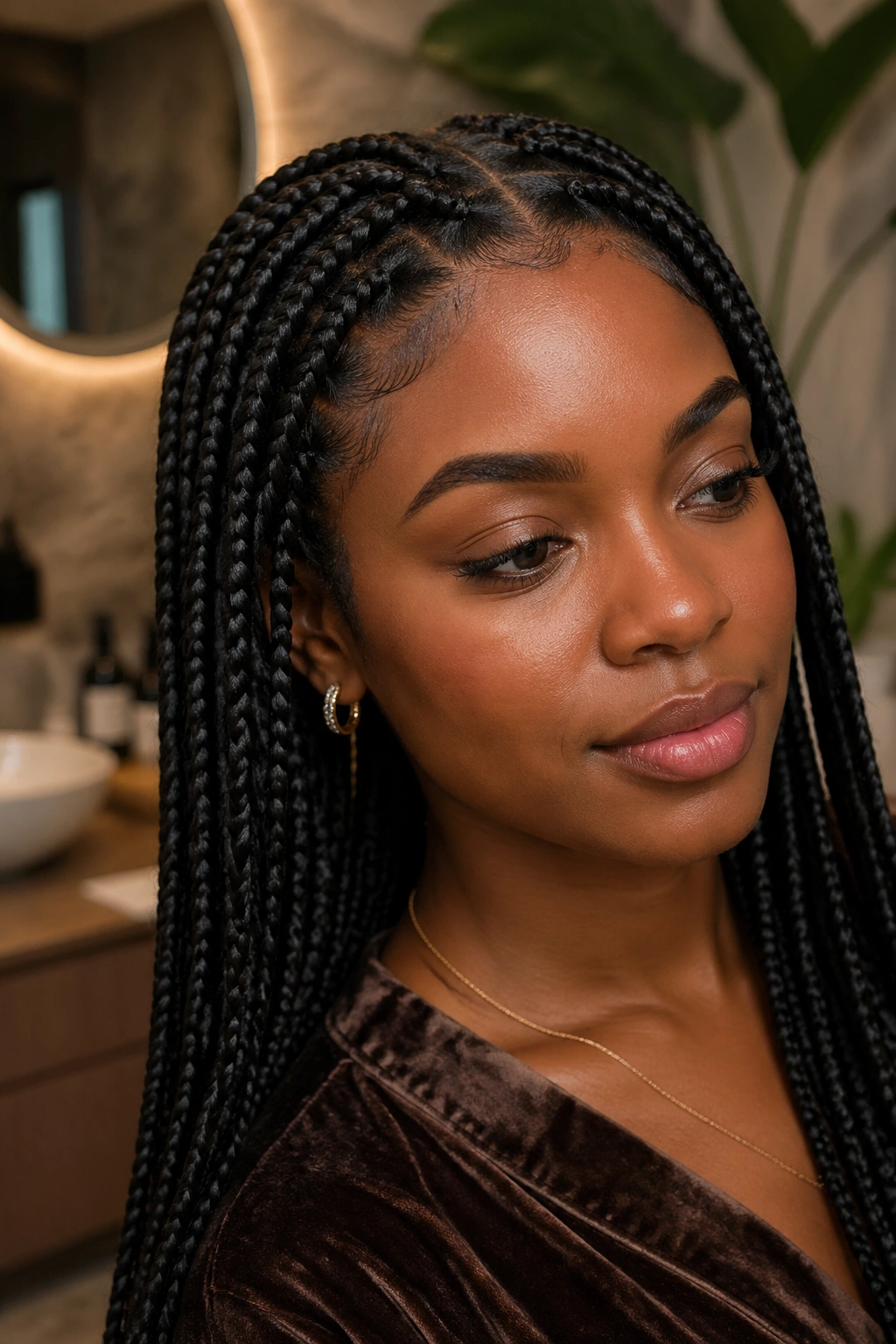 Close-up of a real person with invisible knot box braids and soft root area