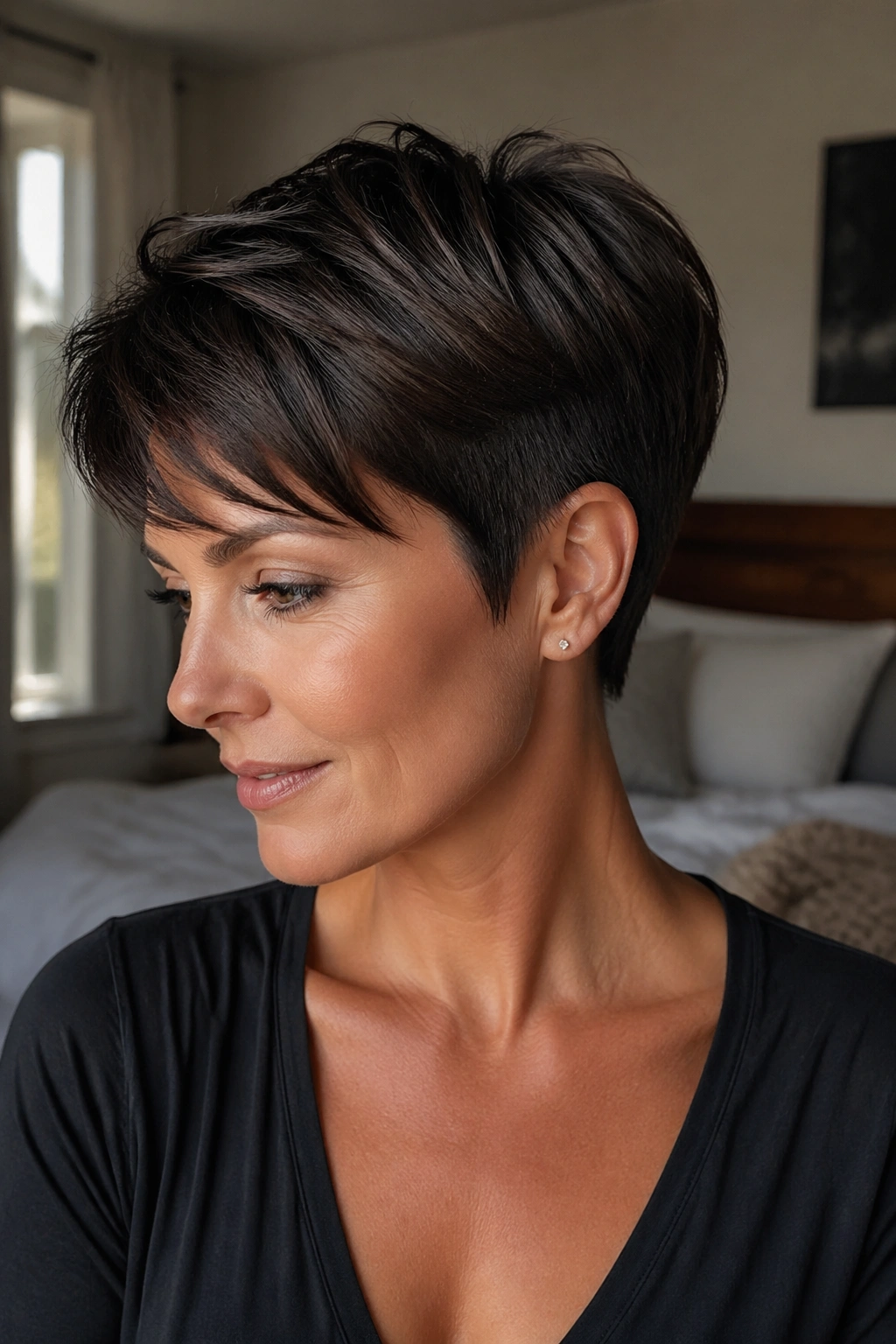 Close-up portrait of a real woman with an invisible layer pixie showing smooth outer line and inner layering.